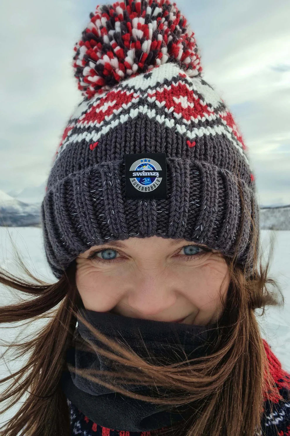 SuperBobble Graphite Red Tyrol Nordic Knit Hat Swimzi