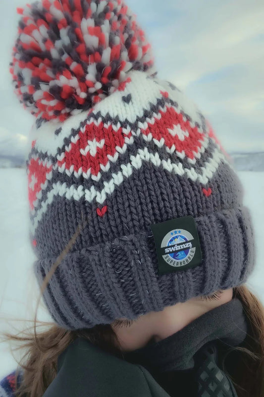 SuperBobble Graphite Red Tyrol Nordic Knit Hat